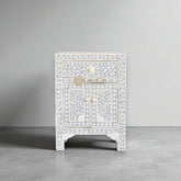 Bone Inlay Floral Design One Drawer & Two Door Bedside Table Grey | Bone Inlay Floral Design One Drawer & Two Door Nightstand Table Grey